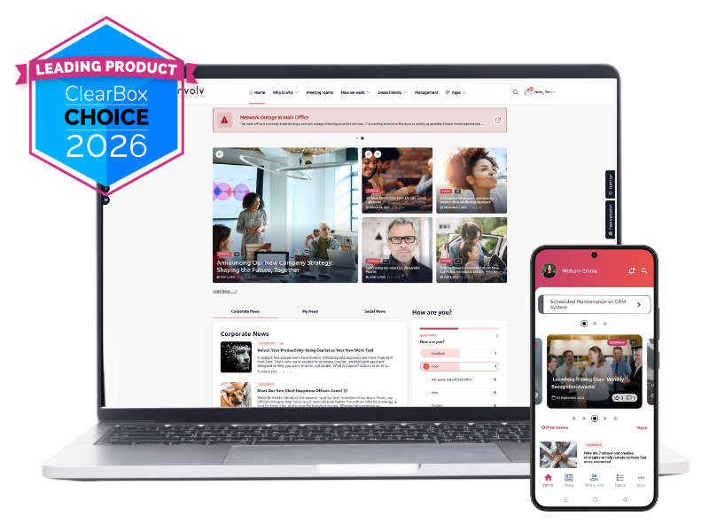 Involv intranet on laptop and phone with ClearBox Choice 2026 Leading Product award badge