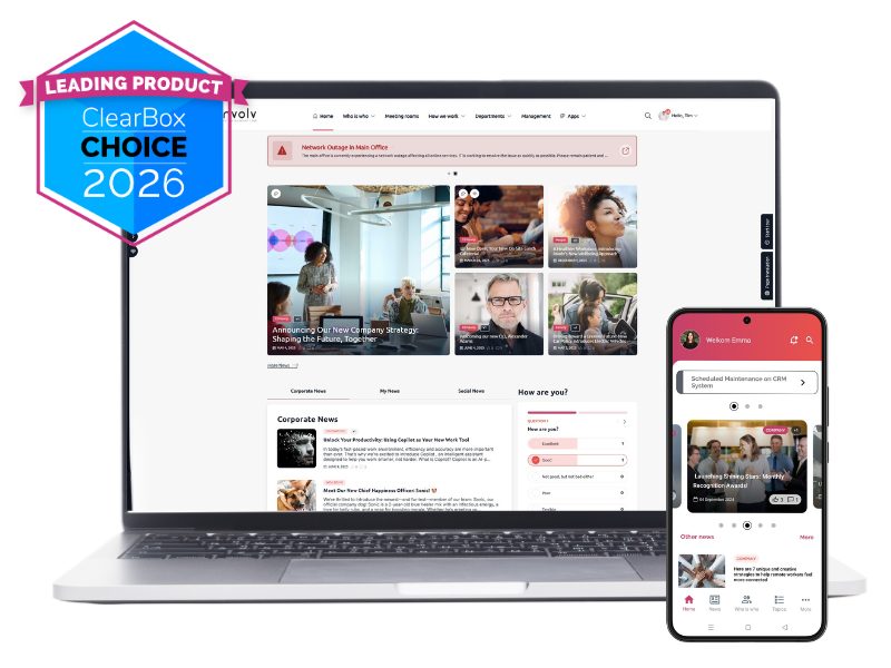 Involv intranet on laptop and phone with ClearBox Choice 2026 Leading Product award badge