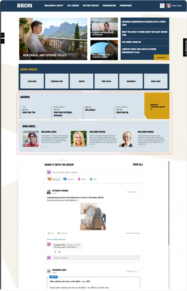 Intranet homepage with news and documents for employees