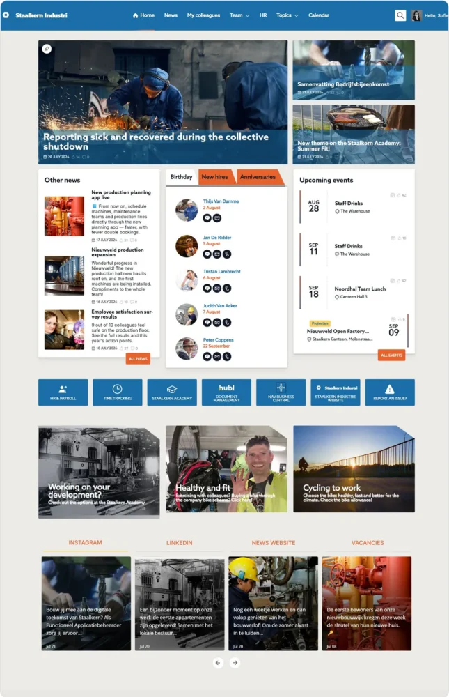 Intranet homepage with news overview and upcoming events