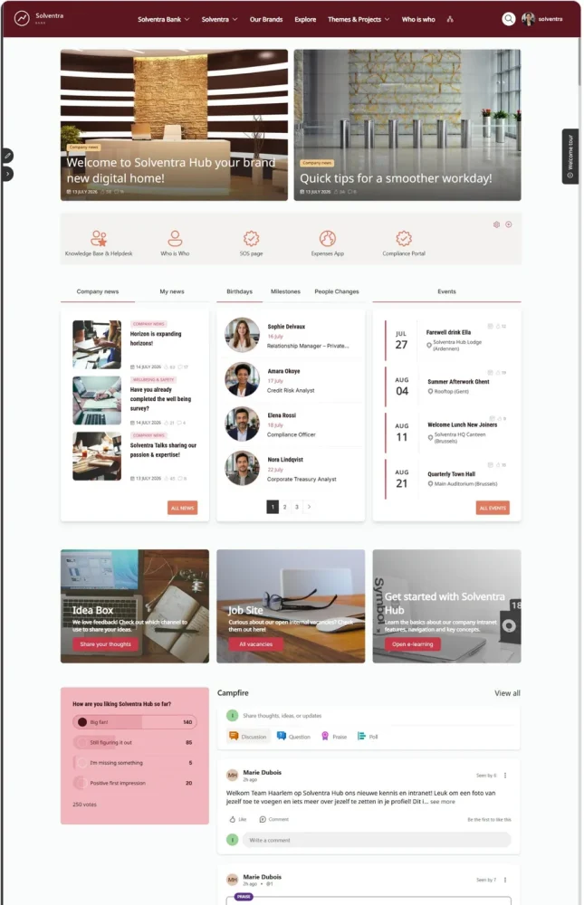 Intranet homepage with news, tiles and team overview