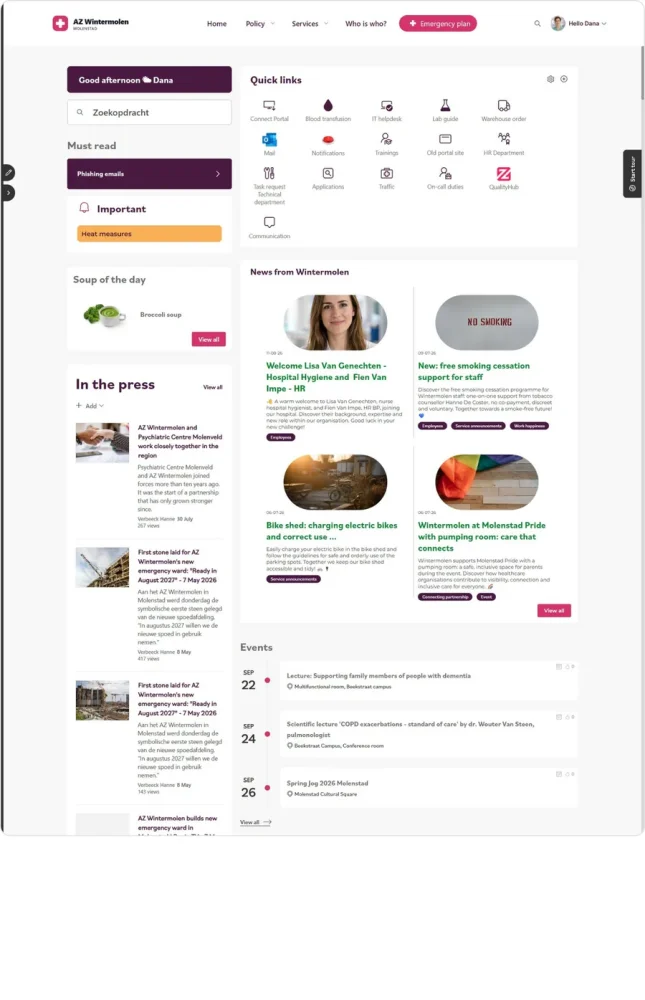 Intranet homepage with quick links and press releases