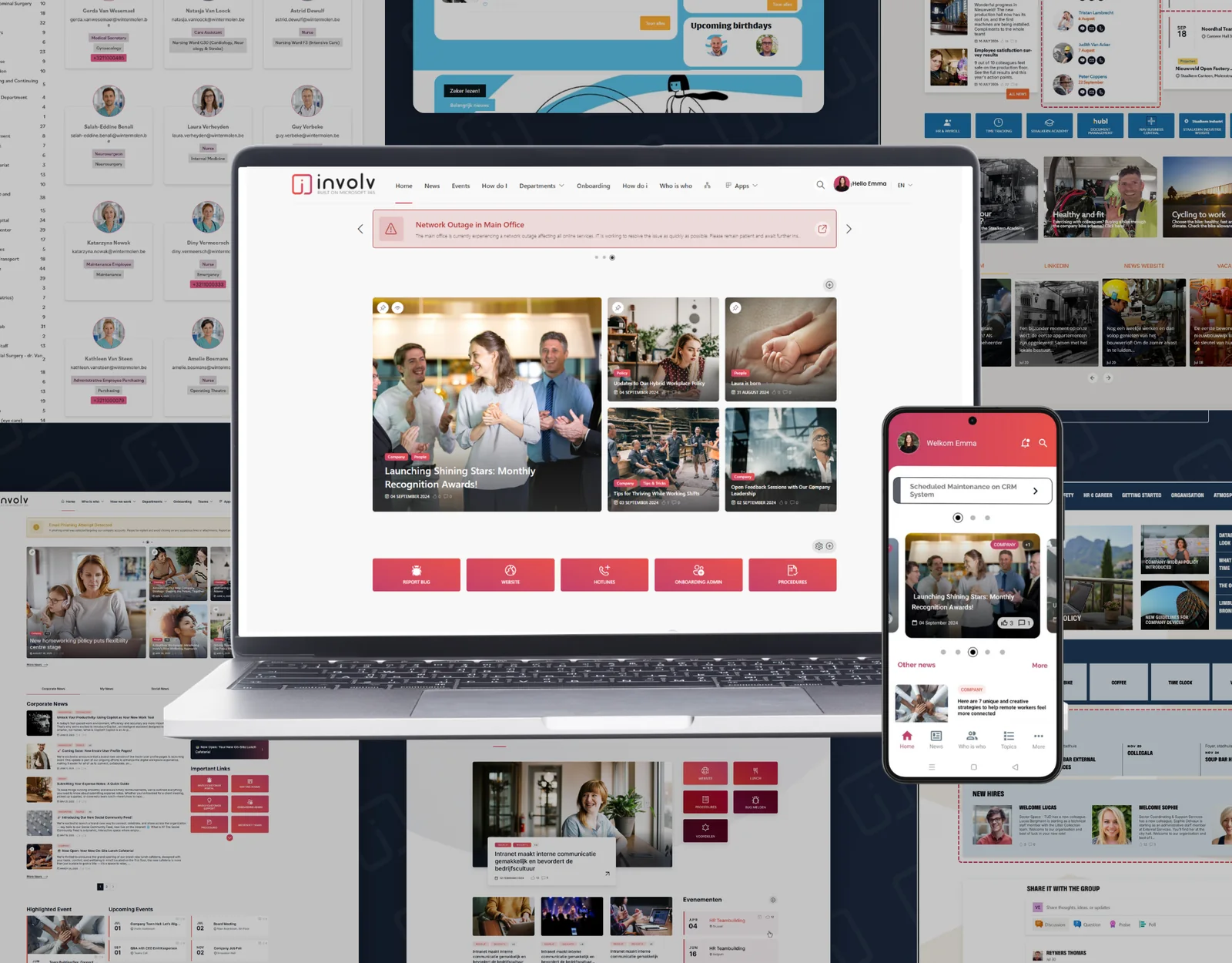 Intranet templates: Involv intranet on laptop and smartphone, surrounded by intranet designs from the lookbook