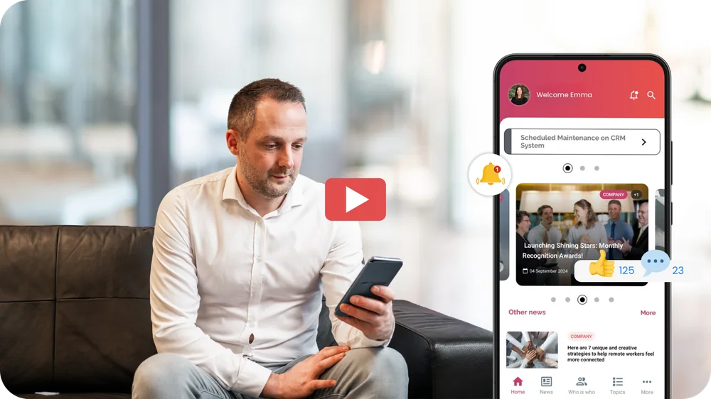 An employee looking at the Involv mobile intranet app on a smartphone