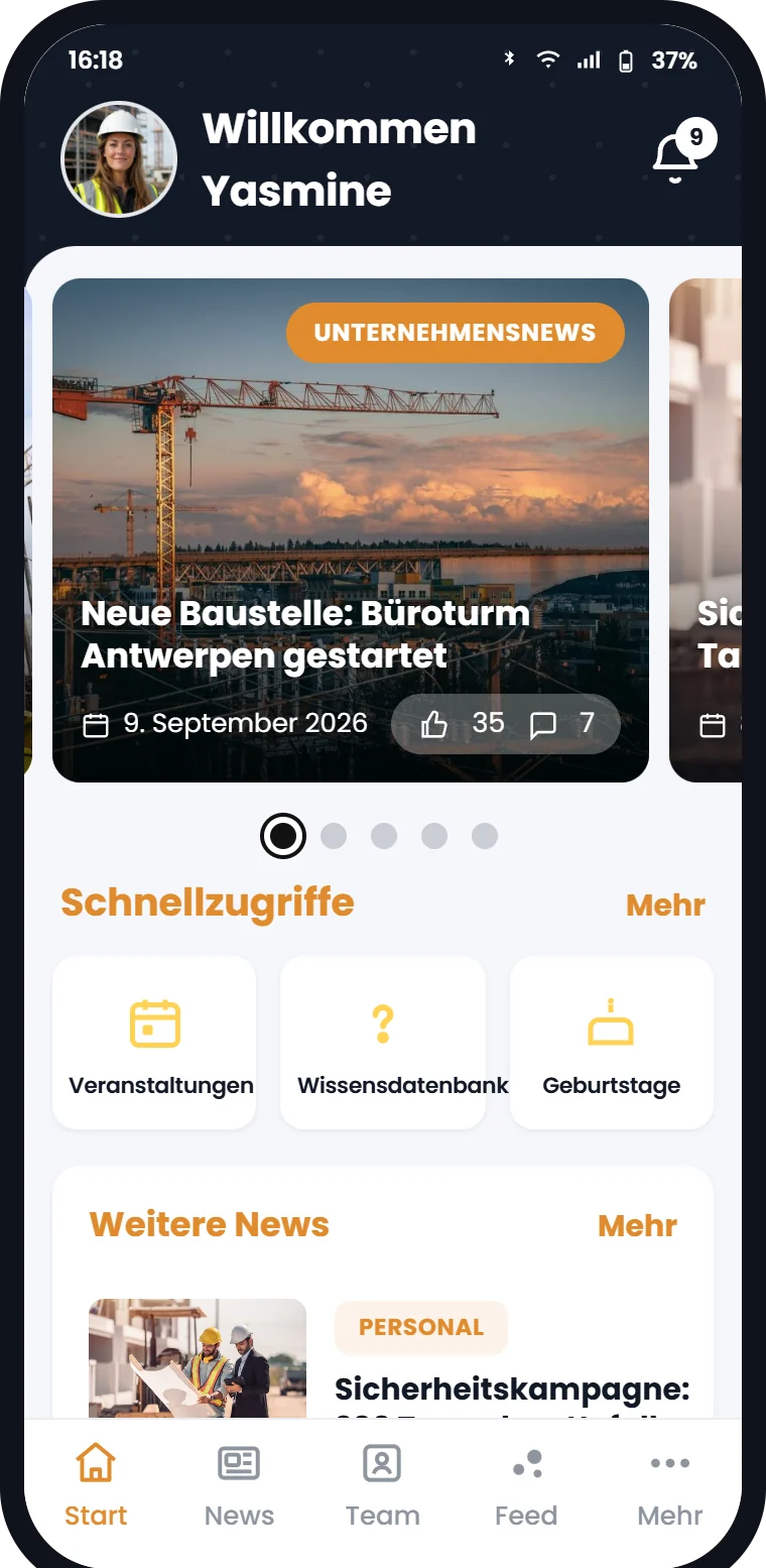 Die mobile Involv-Intranet-App auf einem Smartphone mit News und Schnellzugriffen