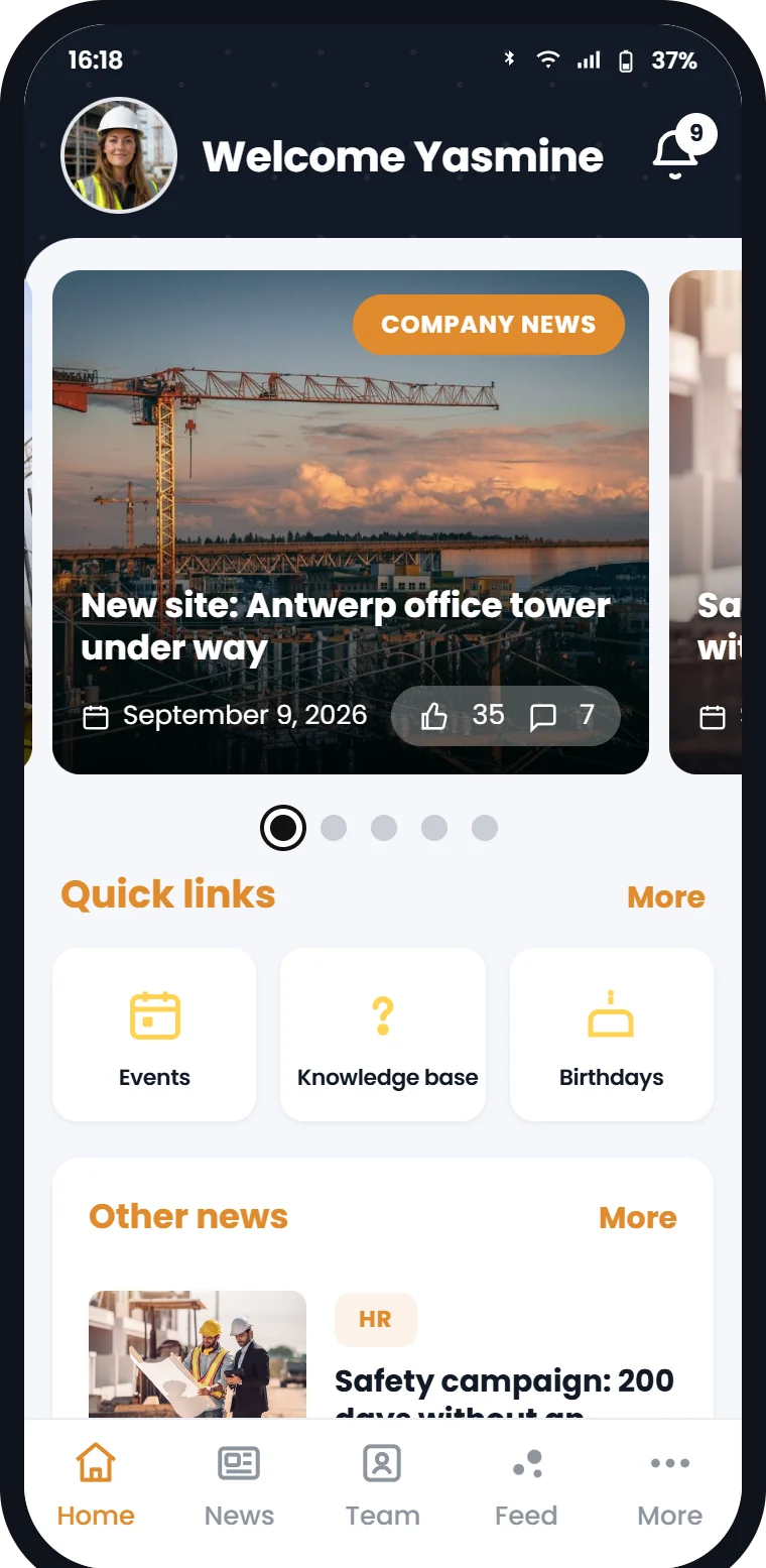 The Involv mobile intranet app on a smartphone, showing news and quick links