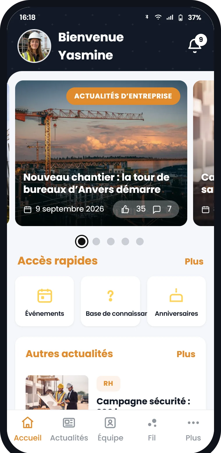 L’application mobile Involv intranet sur un smartphone, avec les actualités et les accès rapides