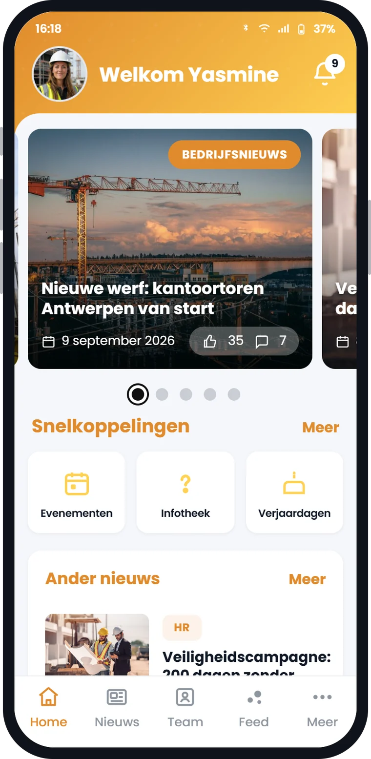 Involv mobiele intranet app op smartphone met nieuws en snelkoppelingen
