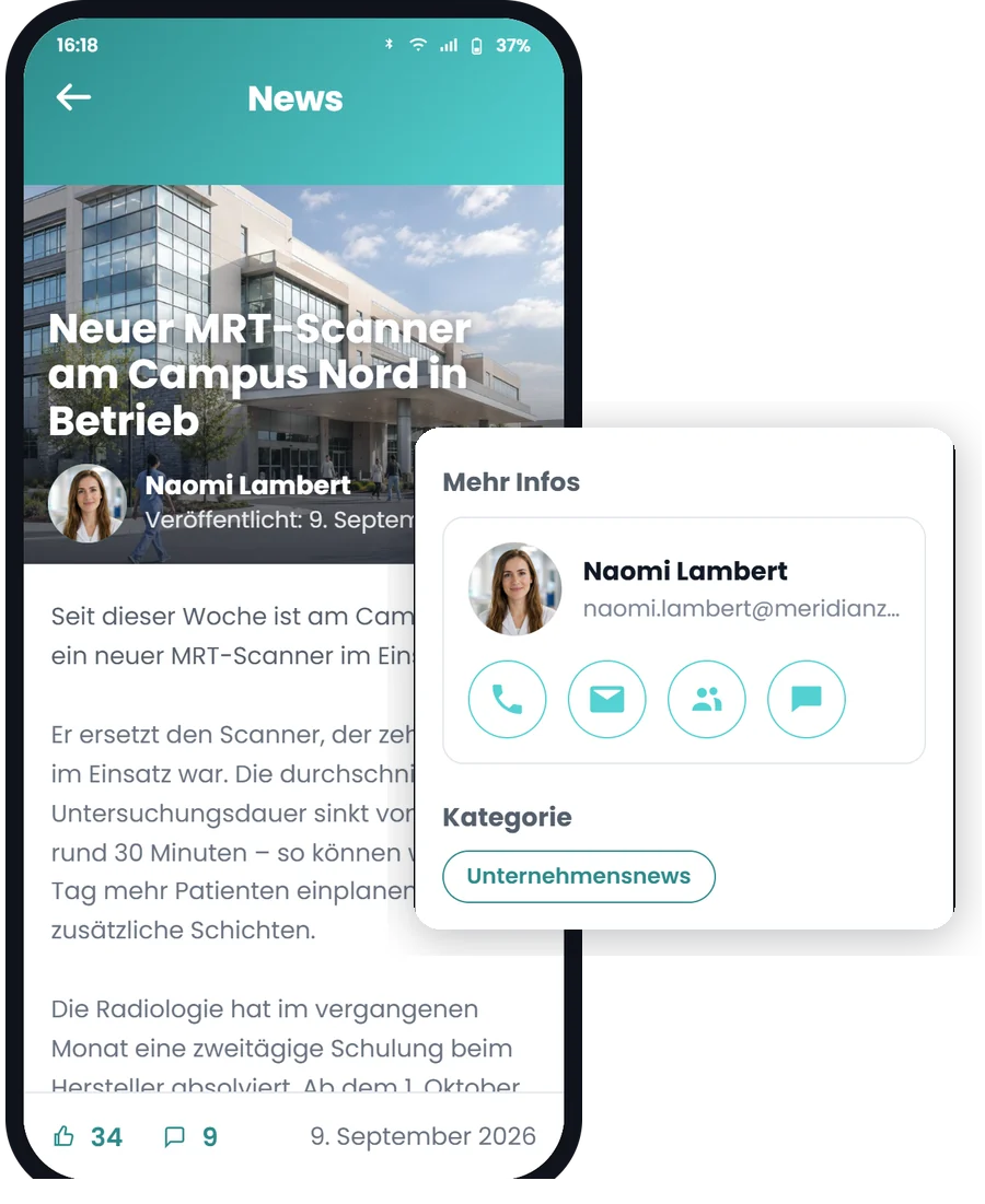 Eine Nachricht, die in der mobilen Involv-App als App-Seite öffnet, daneben die Kontaktkarte der Autorin