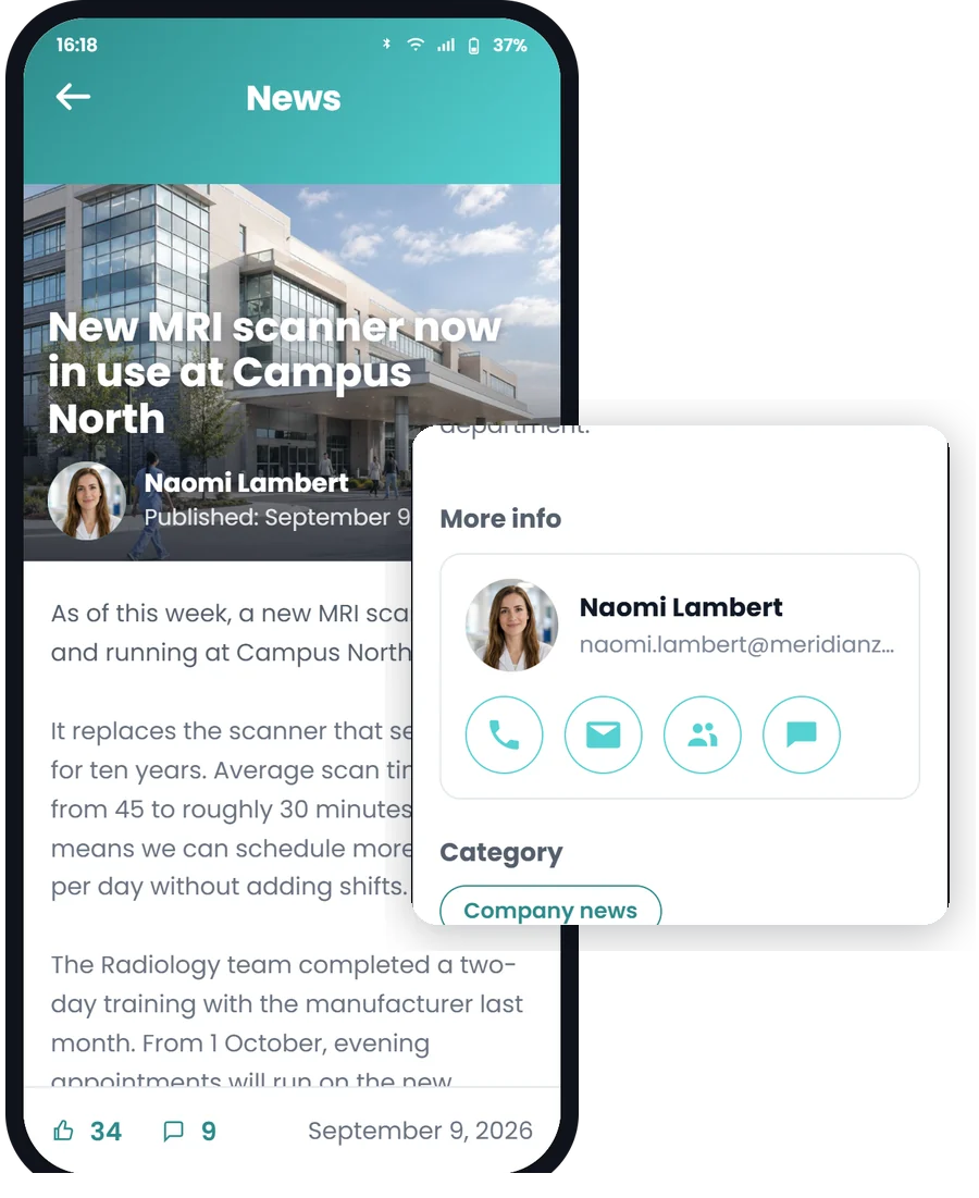 A news article opening as an app screen in the Involv mobile app, with the author&rsquo;s contact card beside it