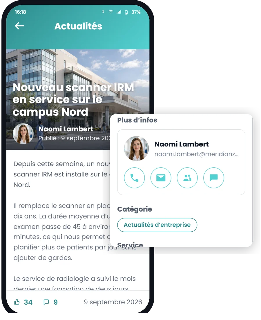 Un article d’actualité qui s’ouvre comme un écran d’application dans l’application mobile Involv, avec la fiche de contact de l’auteur à côté