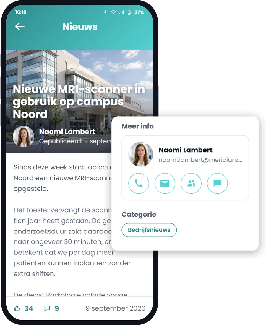 Nieuwsbericht dat als app-scherm opent in de Involv mobiele app, met de contactkaart van de auteur ernaast