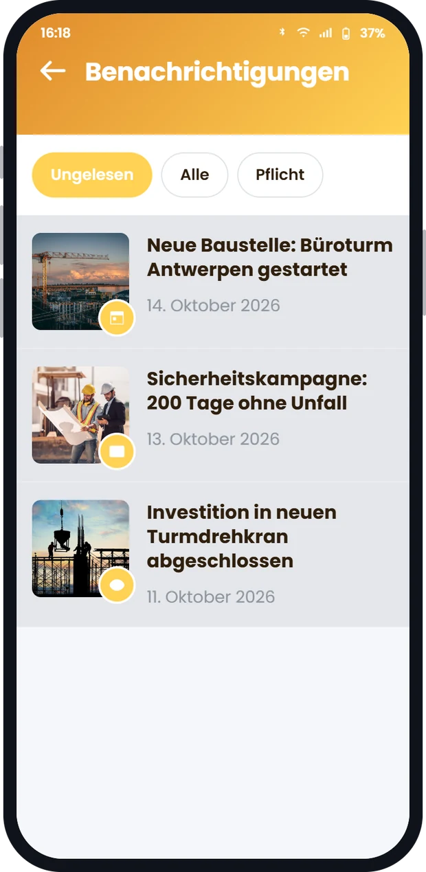 Benachrichtigungsbildschirm der mobilen Involv-Intranet-App mit ungelesenen Push-Nachrichten