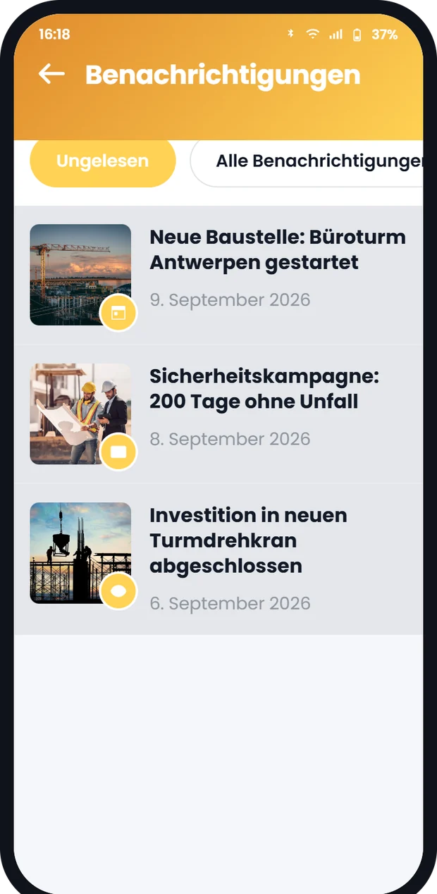 Benachrichtigungsbildschirm der mobilen Involv-Intranet-App mit ungelesenen Push-Nachrichten