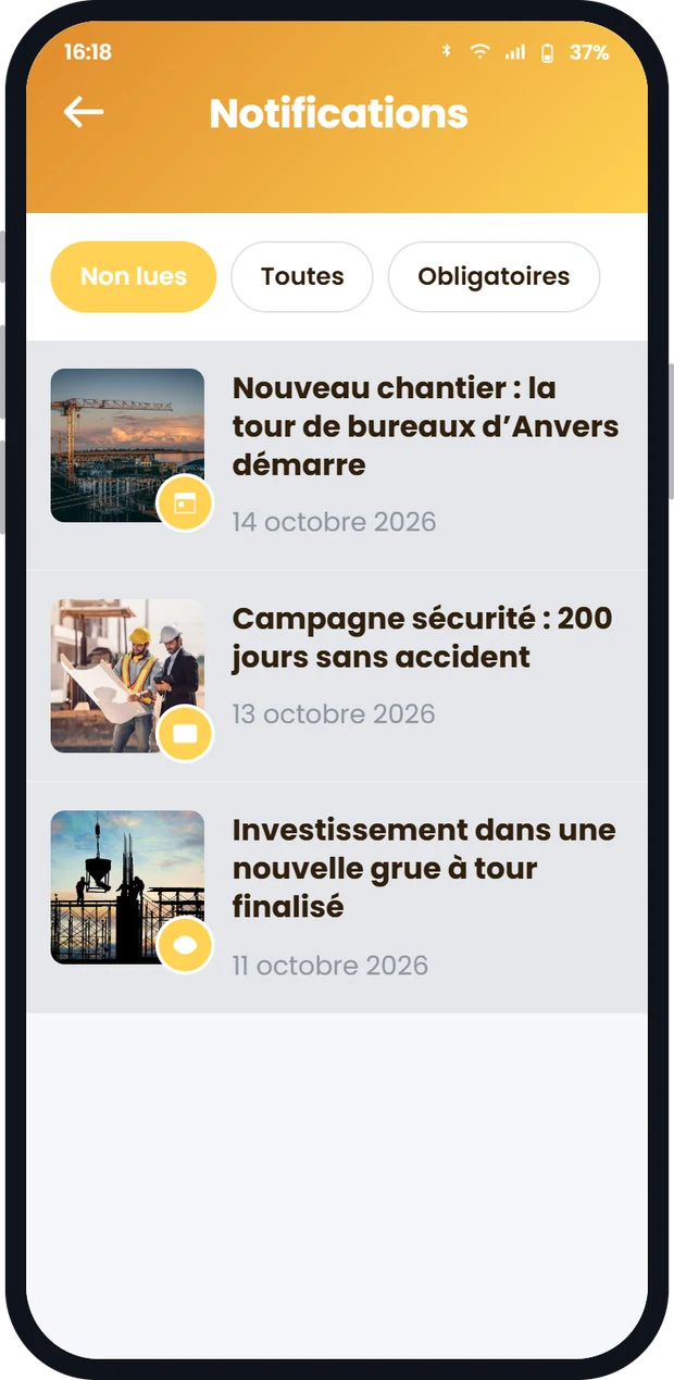 Écran des notifications de l’application mobile Involv intranet avec des messages push non lus
