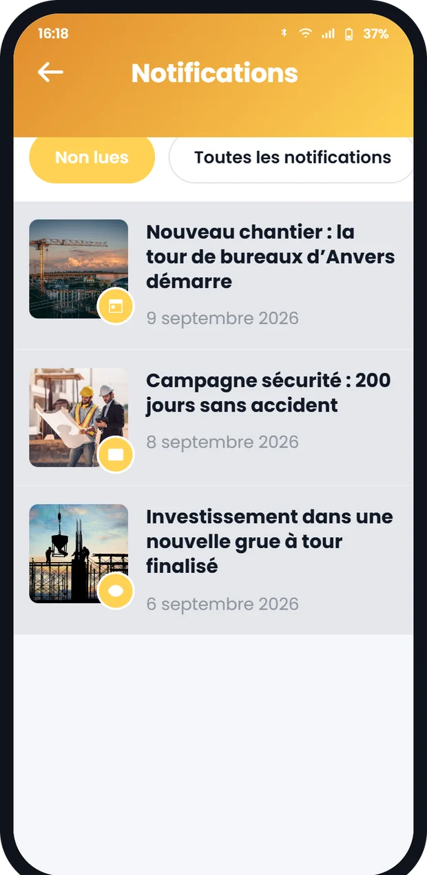 Écran des notifications de l’application mobile Involv intranet avec des messages push non lus