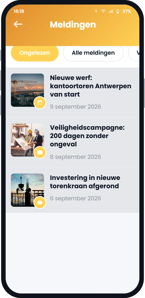 Meldingenscherm van de Involv mobiele intranet app met ongelezen pushberichten