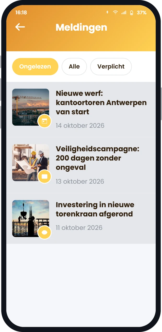 Meldingenscherm van de Involv mobiele intranet app met ongelezen pushberichten