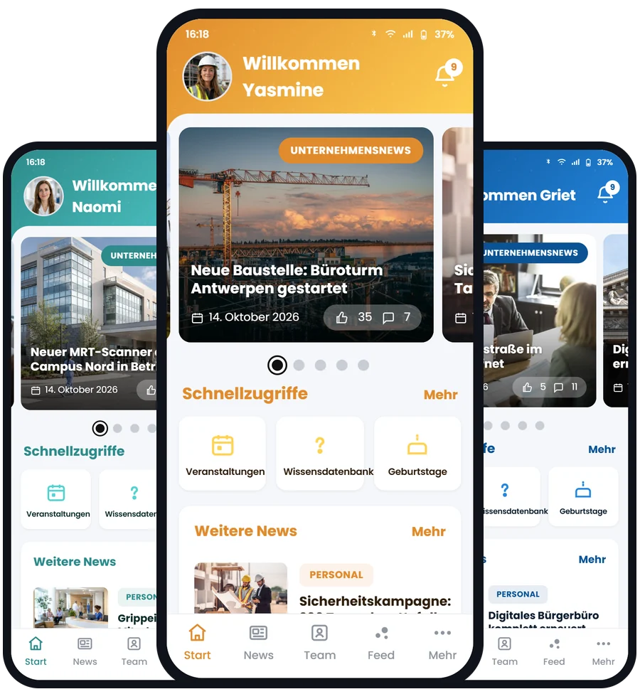 Die mobile Involv-App in den Farben von drei verschiedenen Unternehmen
