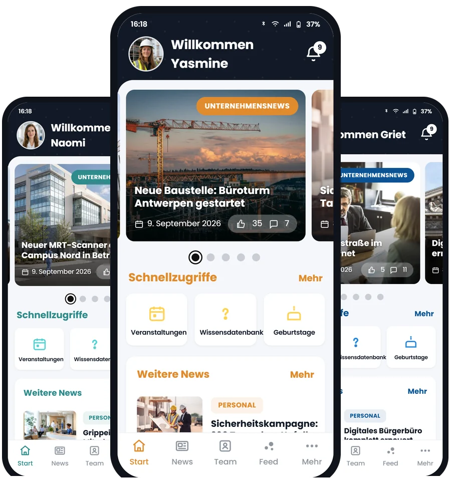 Die mobile Involv-App in den Farben von drei verschiedenen Unternehmen