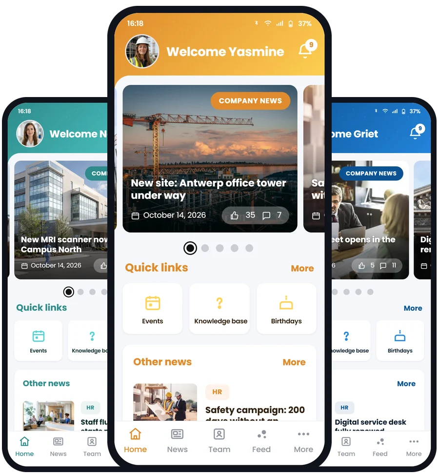 The Involv mobile app in three different company brand colours