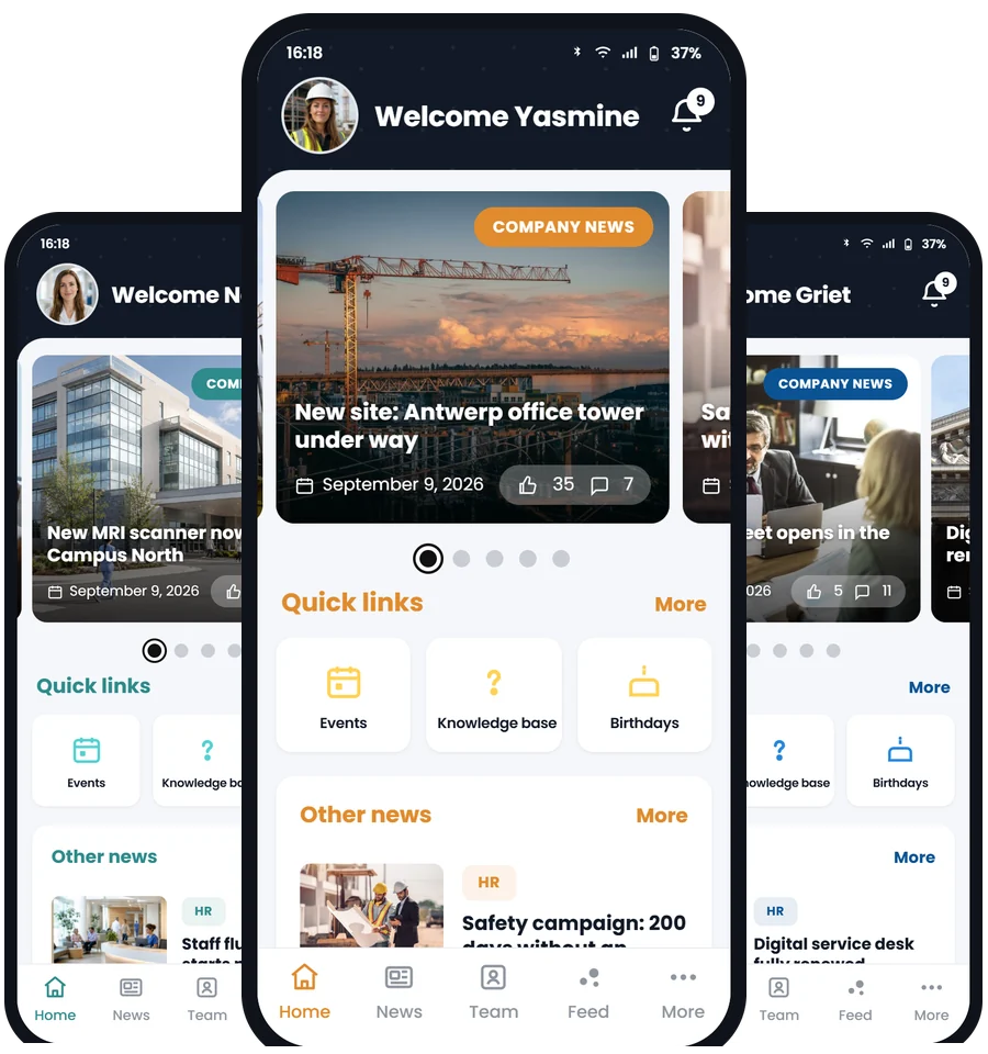 The Involv mobile app in three different company brand colours