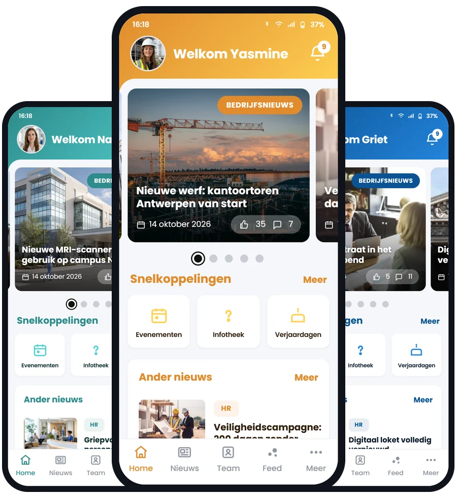 De Involv mobiele app in drie verschillende bedrijfshuisstijlen