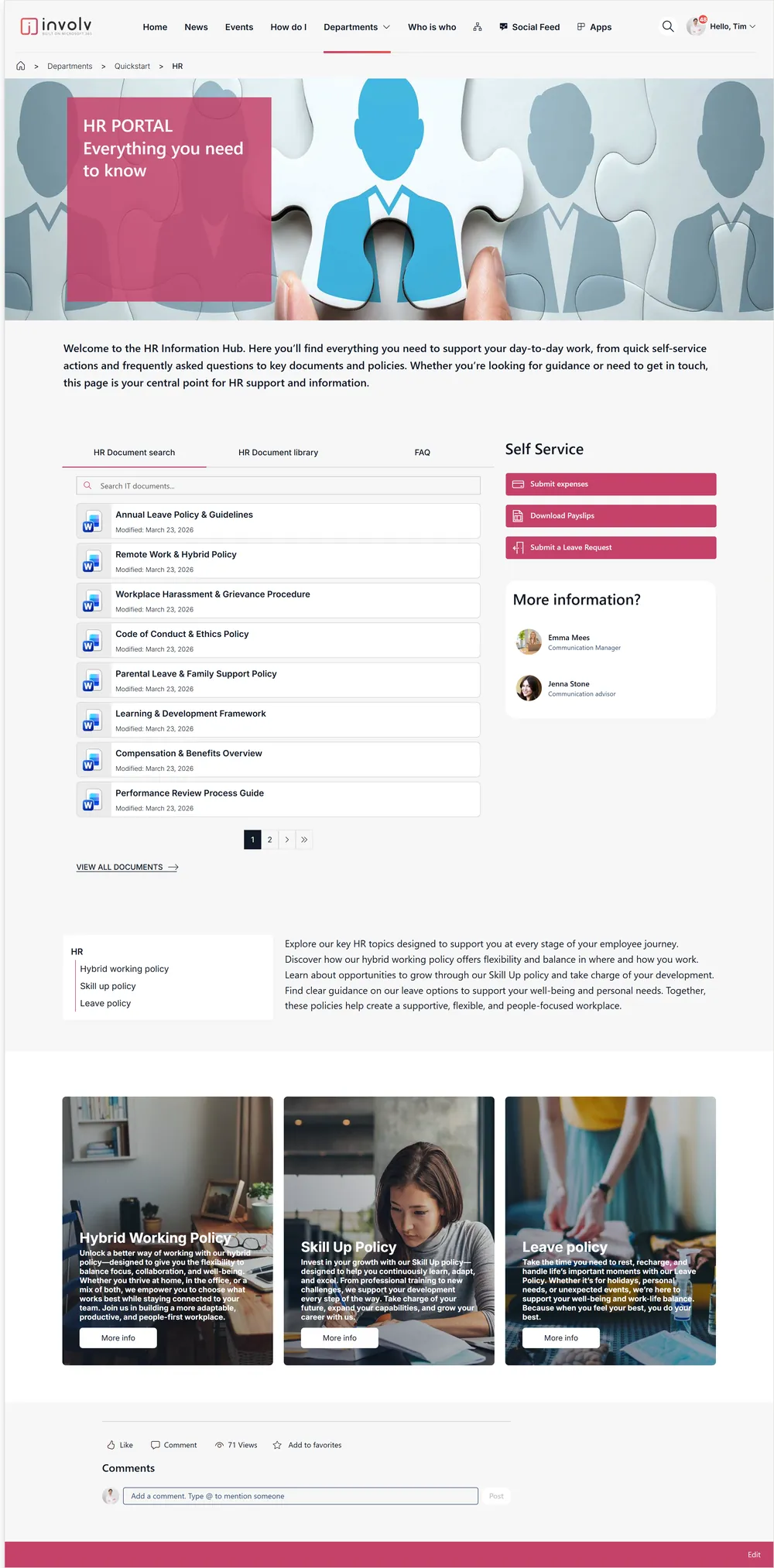 3 department sites: One shared template: the team, an FAQ, useful links and a document library.
