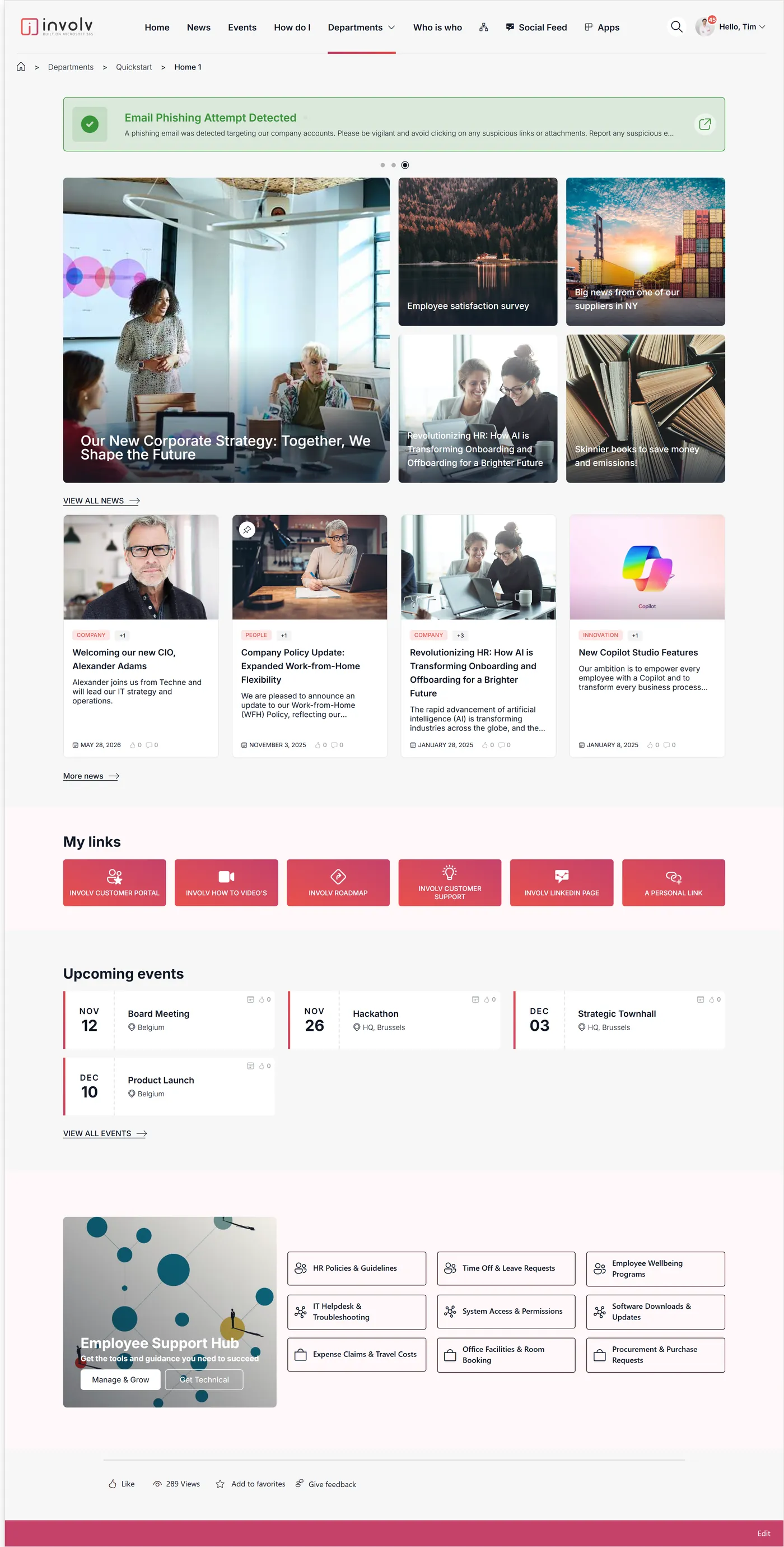 Homepage, template 1: Pick one of 3 ready-made homepages. This one puts news first.