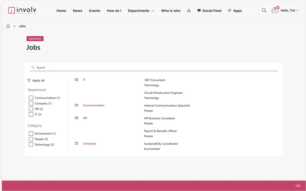 Jobs: One jobs page with your vacancies, grouped by department.