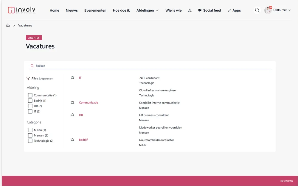 Vacatures: Eén vacaturepagina met je openstaande vacatures, per afdeling gegroepeerd.